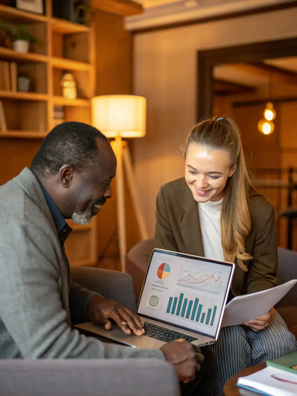 An HR consultant reviewing employee performance data with a small business owner, highlighting HRConnect's data-driven approach.