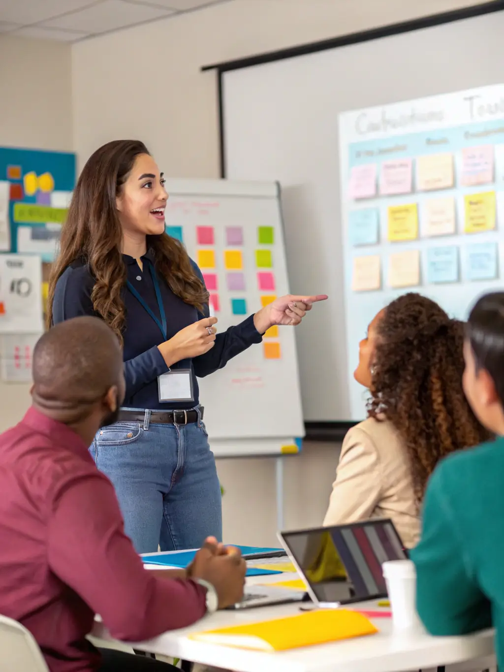 A consultant presenting compliance training to a group of employees in a small business setting, emphasizing HRConnect's commitment to regulatory adherence.