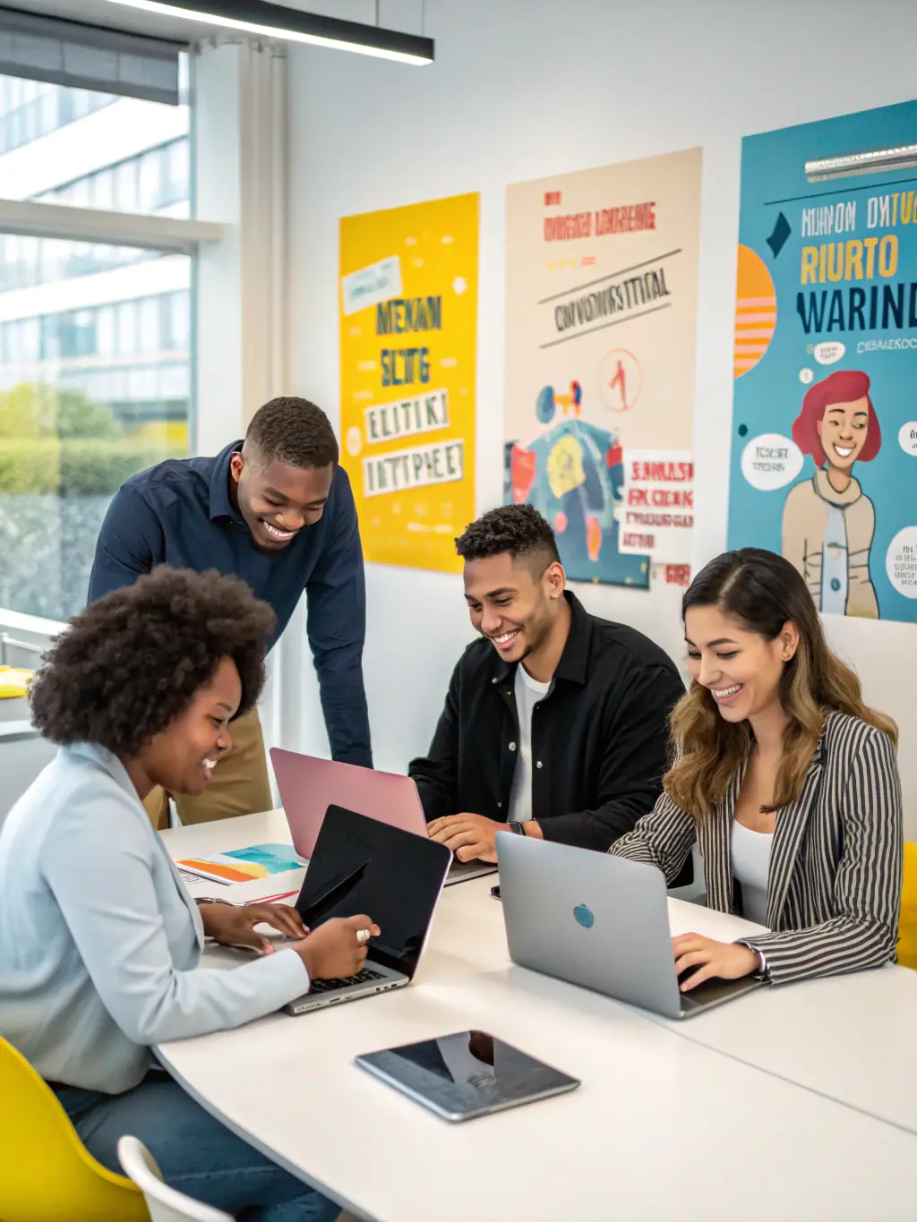 A diverse team of HR consultants brainstorming ideas in a modern office setting, representing HRConnect's collaborative approach to problem-solving.