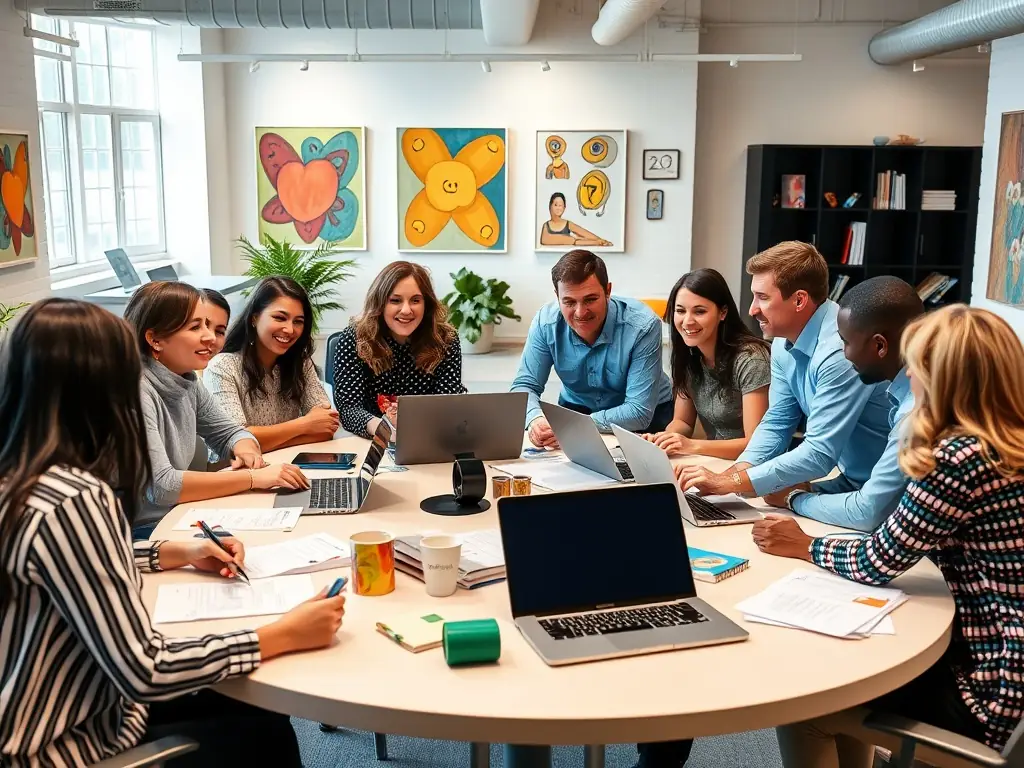 An image depicting a diverse group of employees collaborating on a project in a bright and open office space, symbolizing employee engagement and teamwork.