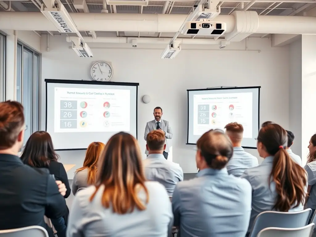 A professional HR consultant is shown conducting a training session for a small team of employees in a modern office setting. The focus is on demonstrating effective communication and teamwork.
